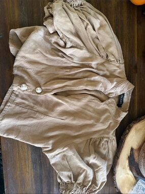 Beige Puff Sleeve Blouse with Pearl Buttons
